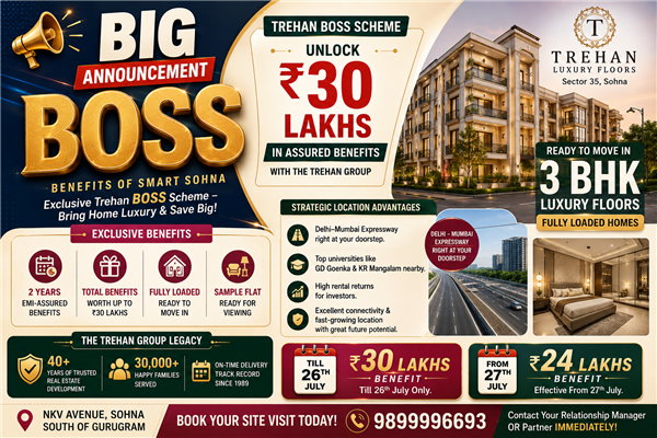 Trehan BOSS Scheme: Only 3 Days Left to Avail   ₹30 Lakhs Benefits at Trehan Luxury Floors, Sector 35 Sohna<